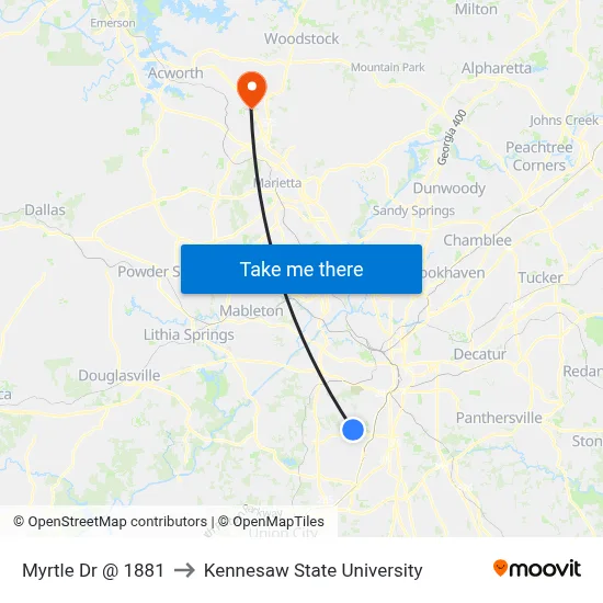 Myrtle Dr @ 1881 to Kennesaw State University map