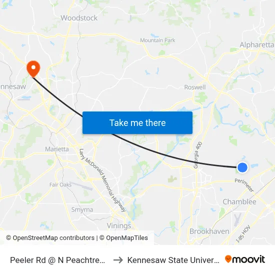 Peeler Rd @ N Peachtree Rd to Kennesaw State University map