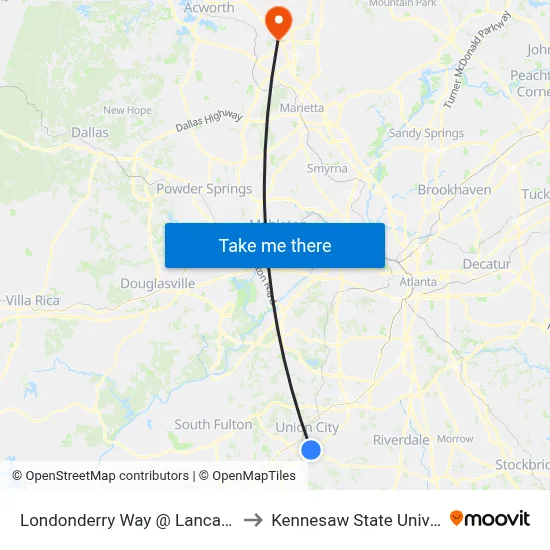 Londonderry Way @ Lancaster Ln to Kennesaw State University map