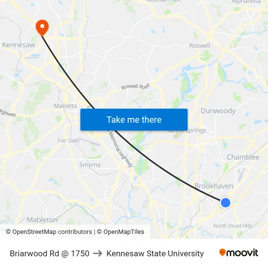 Briarwood Rd @ 1750 to Kennesaw State University map