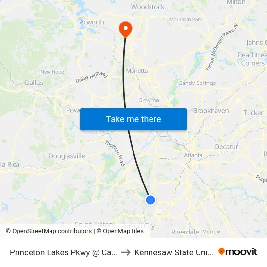 Princeton Lakes Pkwy @ Car Mia Dr to Kennesaw State University map