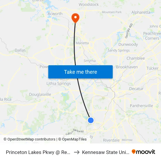 Princeton Lakes Pkwy @ Redwine Rd to Kennesaw State University map