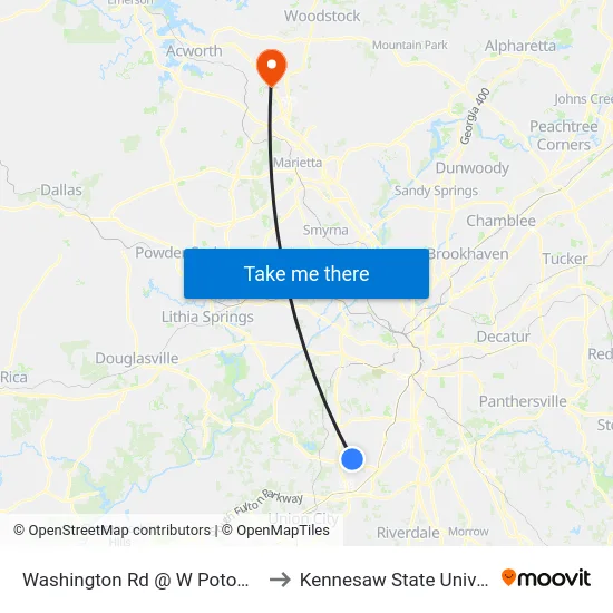 Washington Rd @ W Potomac Dr to Kennesaw State University map