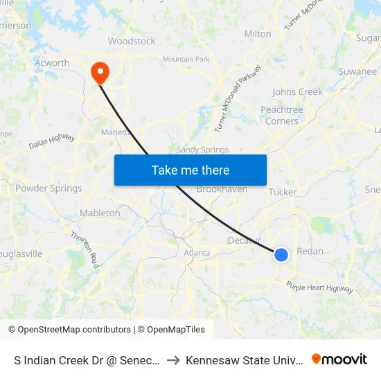 S Indian Creek Dr @ Seneca Way to Kennesaw State University map