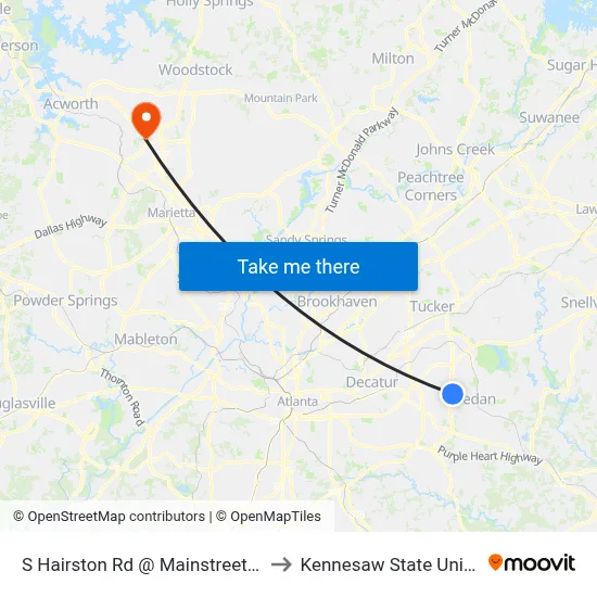 S Hairston Rd @ Mainstreet Park Dr to Kennesaw State University map