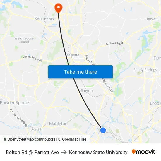Bolton Rd @ Parrott Ave to Kennesaw State University map