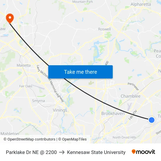 Parklake Dr NE @ 2200 to Kennesaw State University map
