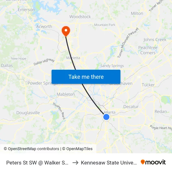Peters St SW @ Walker St SW to Kennesaw State University map
