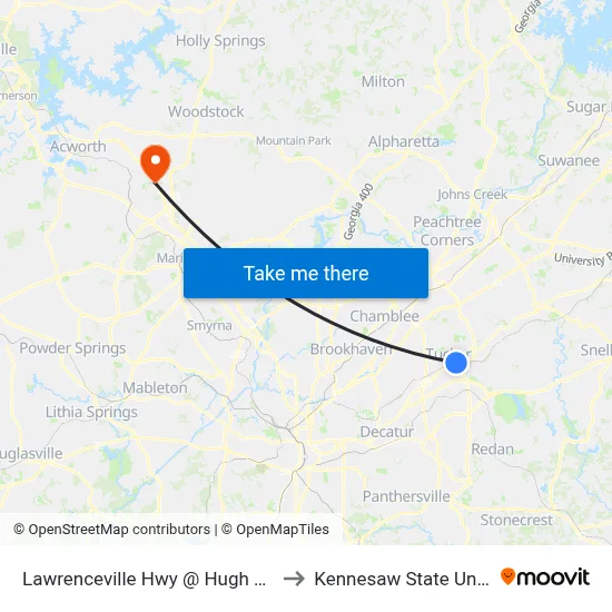 Lawrenceville Hwy @ Hugh Howell Rd to Kennesaw State University map