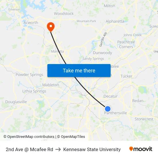 2nd Ave @ Mcafee Rd to Kennesaw State University map