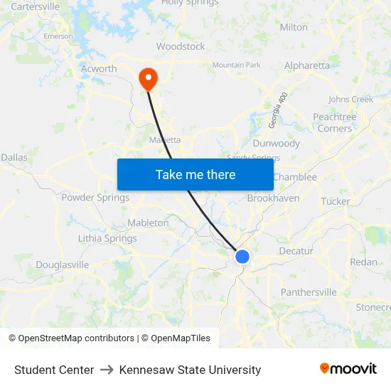 Student Center to Kennesaw State University map