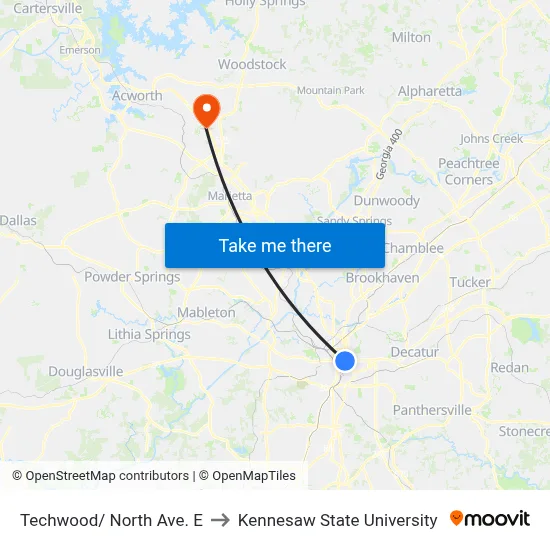 Techwood/ North Ave. E to Kennesaw State University map