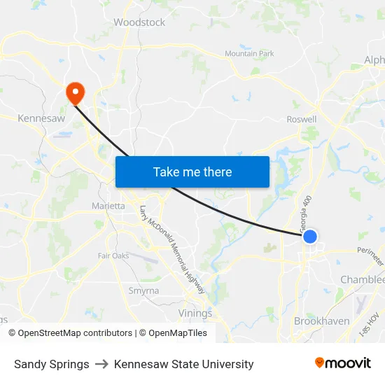 Sandy Springs to Kennesaw State University map