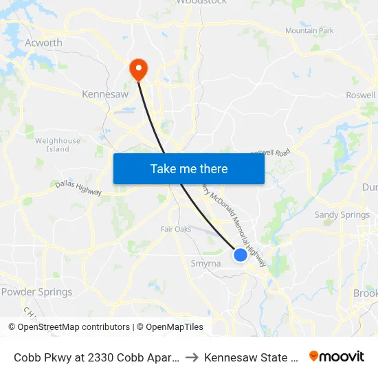 Cobb Pkwy at 2330 Cobb Apartment Homes to Kennesaw State University map