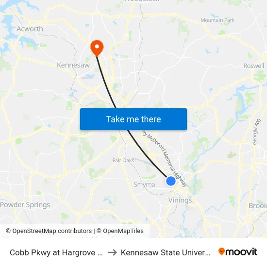 Cobb Pkwy at Hargrove Rd to Kennesaw State University map