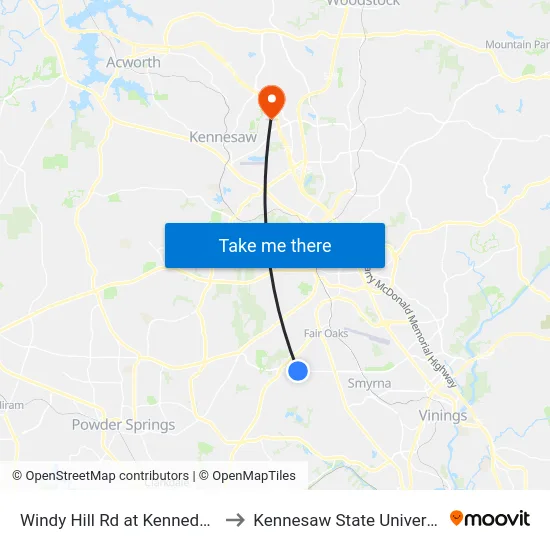 Windy Hill Rd at Kennedy Ln to Kennesaw State University map