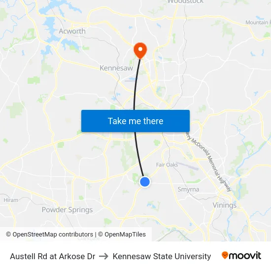 Austell Rd at Arkose Dr to Kennesaw State University map