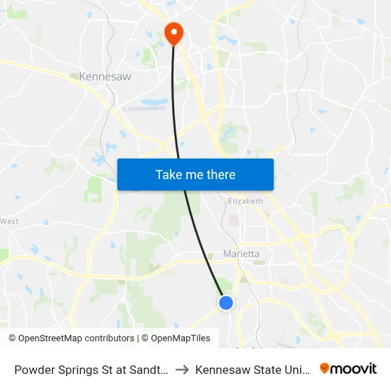 Powder Springs St at Sandtown Rd to Kennesaw State University map
