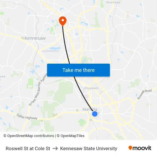 Roswell St at Cole St to Kennesaw State University map