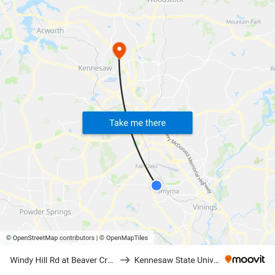 Windy Hill Rd at Beaver Creek Rd to Kennesaw State University map