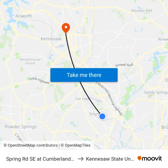 Spring Rd SE at Cumberland Valley Dr to Kennesaw State University map