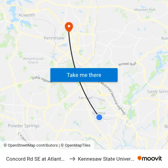 Concord Rd SE at Atlanta Rd to Kennesaw State University map
