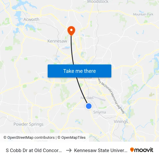 S Cobb Dr at Old Concord Rd to Kennesaw State University map