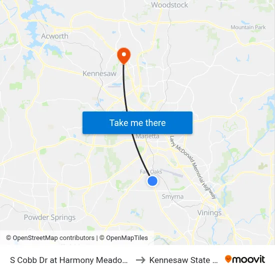 S Cobb Dr at Harmony Meadows Apartments to Kennesaw State University map