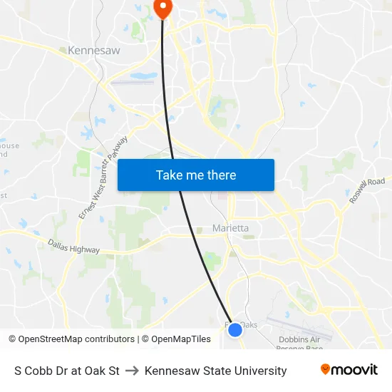 S Cobb Dr at Oak St to Kennesaw State University map