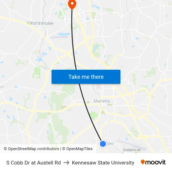 S Cobb Dr at Austell Rd to Kennesaw State University map