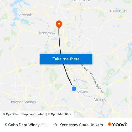 S Cobb Dr at Windy Hill Rd to Kennesaw State University map