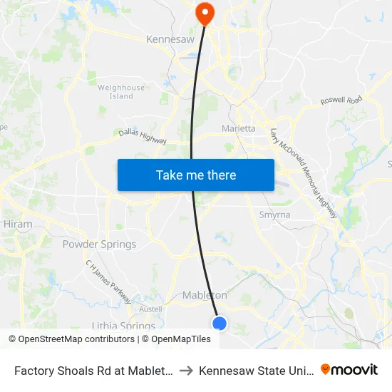 Factory Shoals Rd at Mableton Pkwy to Kennesaw State University map