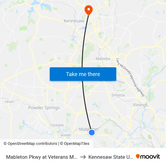 Mableton Pkwy at Veterans Memorial Hwy to Kennesaw State University map
