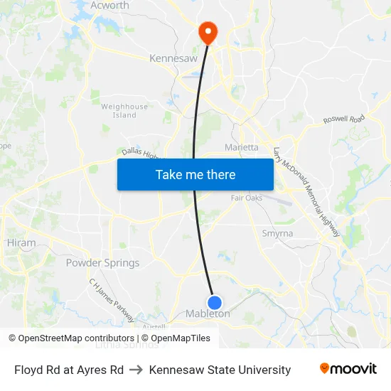 Floyd Rd at Ayres Rd to Kennesaw State University map