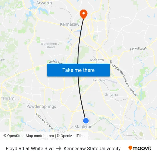 Floyd Rd at White Blvd to Kennesaw State University map