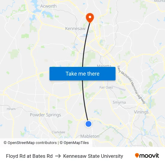Floyd Rd at Bates Rd to Kennesaw State University map