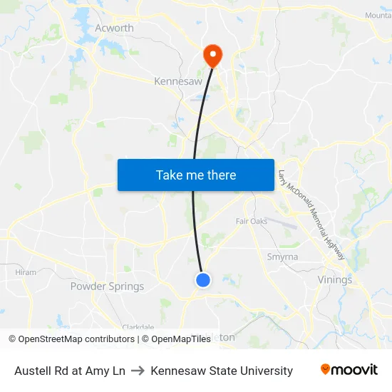 Austell Rd at Amy Ln to Kennesaw State University map