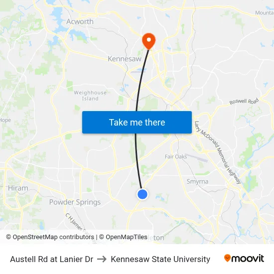 Austell Rd at Lanier Dr to Kennesaw State University map