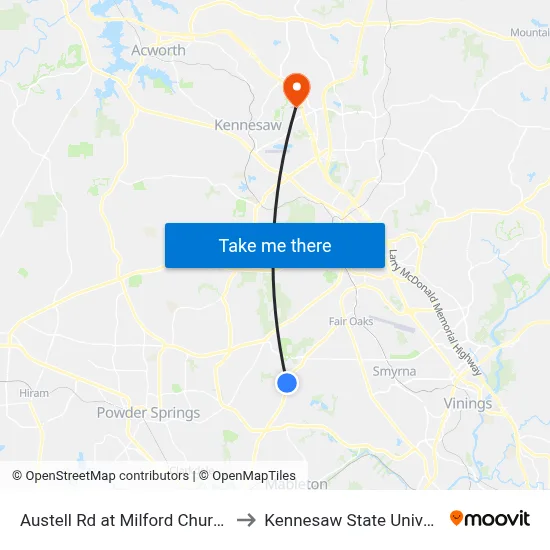 Austell Rd at Milford Church Rd to Kennesaw State University map