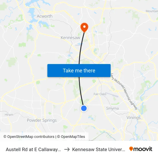 Austell Rd at E Callaway Rd to Kennesaw State University map