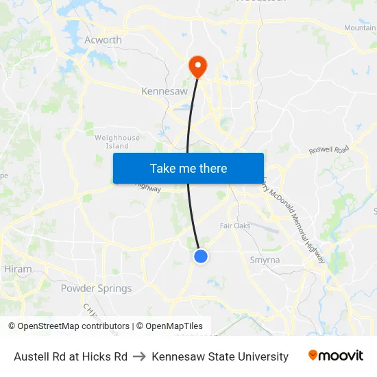 Austell Rd at Hicks Rd to Kennesaw State University map