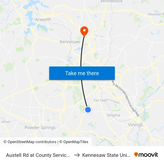 Austell Rd at County Services Pkwy to Kennesaw State University map