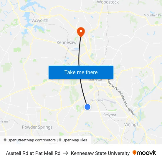 Austell Rd at Pat Mell Rd to Kennesaw State University map