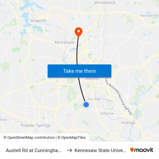 Austell Rd at Cunningham Rd to Kennesaw State University map