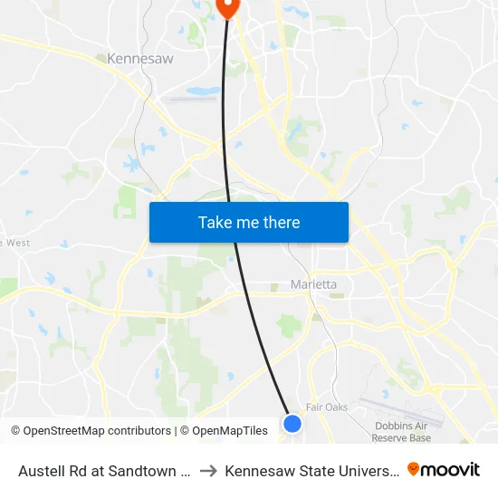 Austell Rd at Sandtown Rd to Kennesaw State University map