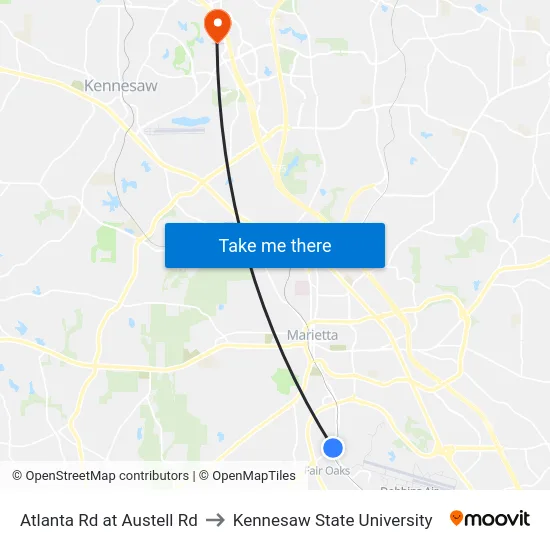 Atlanta Rd at Austell Rd to Kennesaw State University map