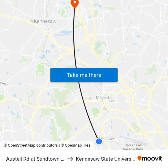 Austell Rd at Sandtown Rd to Kennesaw State University map