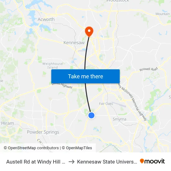 Austell Rd at Windy Hill Rd to Kennesaw State University map
