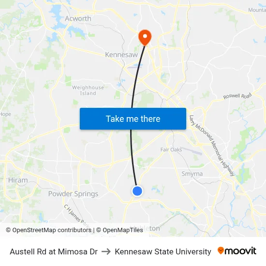 Austell Rd at Mimosa Dr to Kennesaw State University map