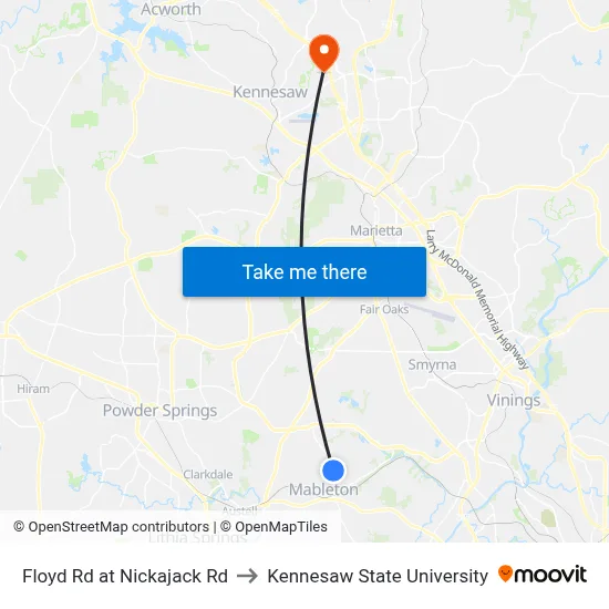 Floyd Rd at Nickajack Rd to Kennesaw State University map